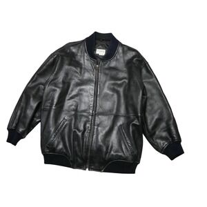 Nordstrom Jacket Womens Petite M Black Leather Bomber Full Zip Pockets Rib Knit